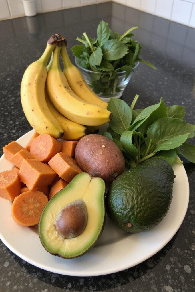 Colorful assortment of potassium-rich foods such as bananas, sweet potatoes, spinach, and avocados arranged on a kitchen table