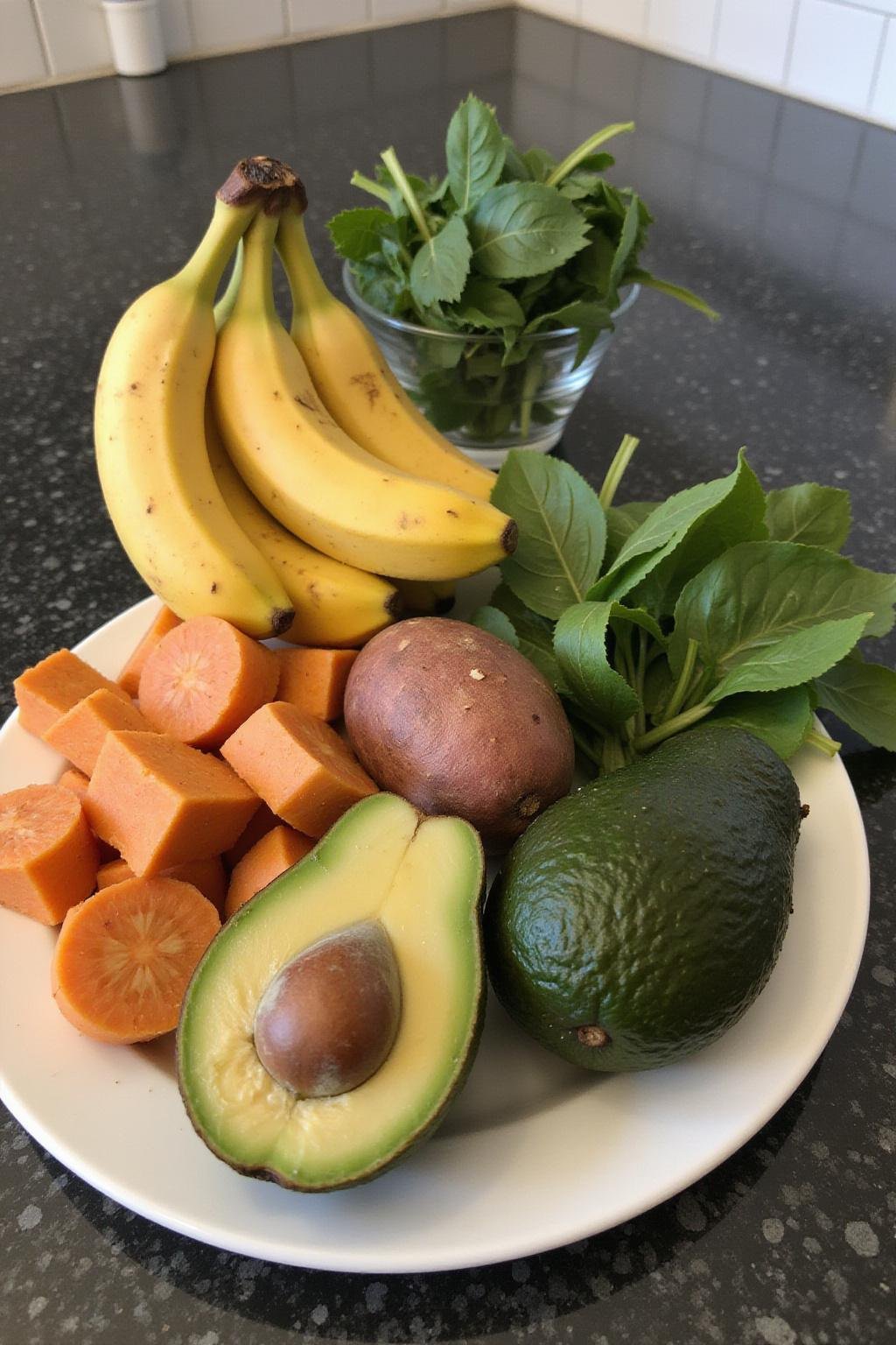 Colorful assortment of potassium-rich foods such as bananas, sweet potatoes, spinach, and avocados arranged on a kitchen table