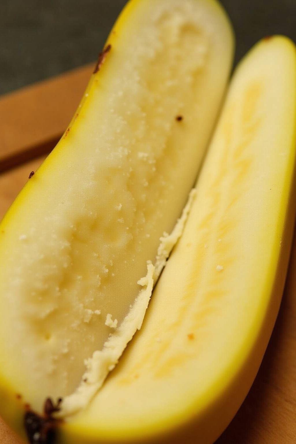 Close-up of a sliced banana emphasizing its potassium-rich interior, on a white background