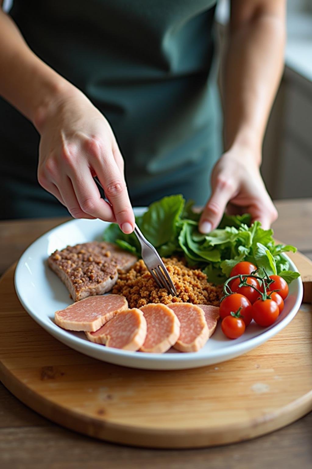 Individual cooking a balanced pro-metabolic meal in a bright kitchen