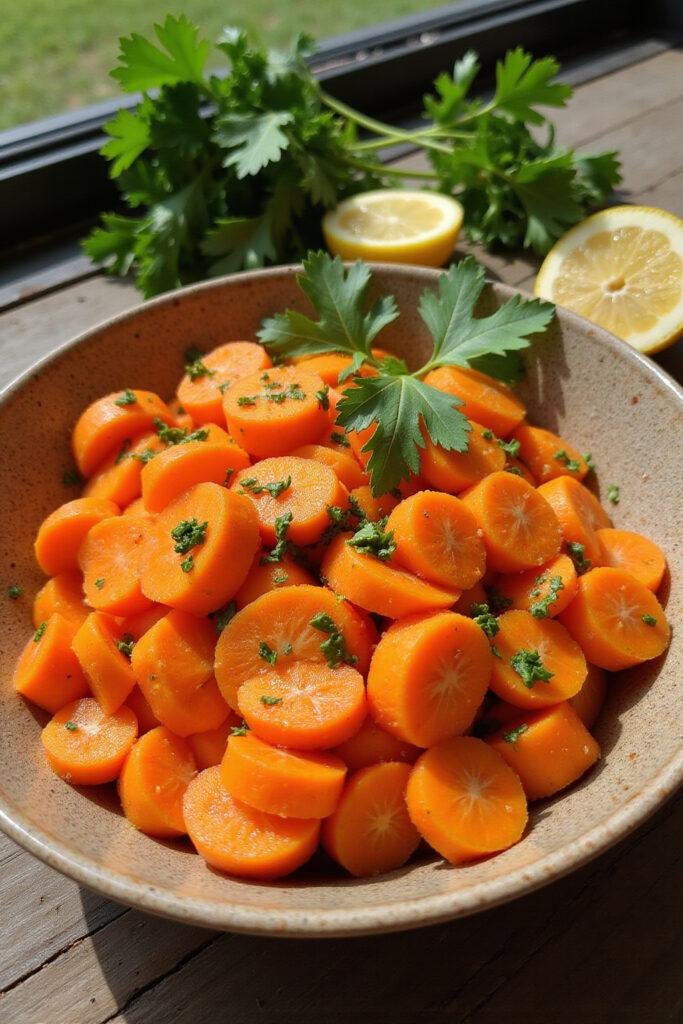 Close-up of a fresh raw carrot salad with parsley and lemon slices in a rustic bowl, emphasizing healthy ingredients