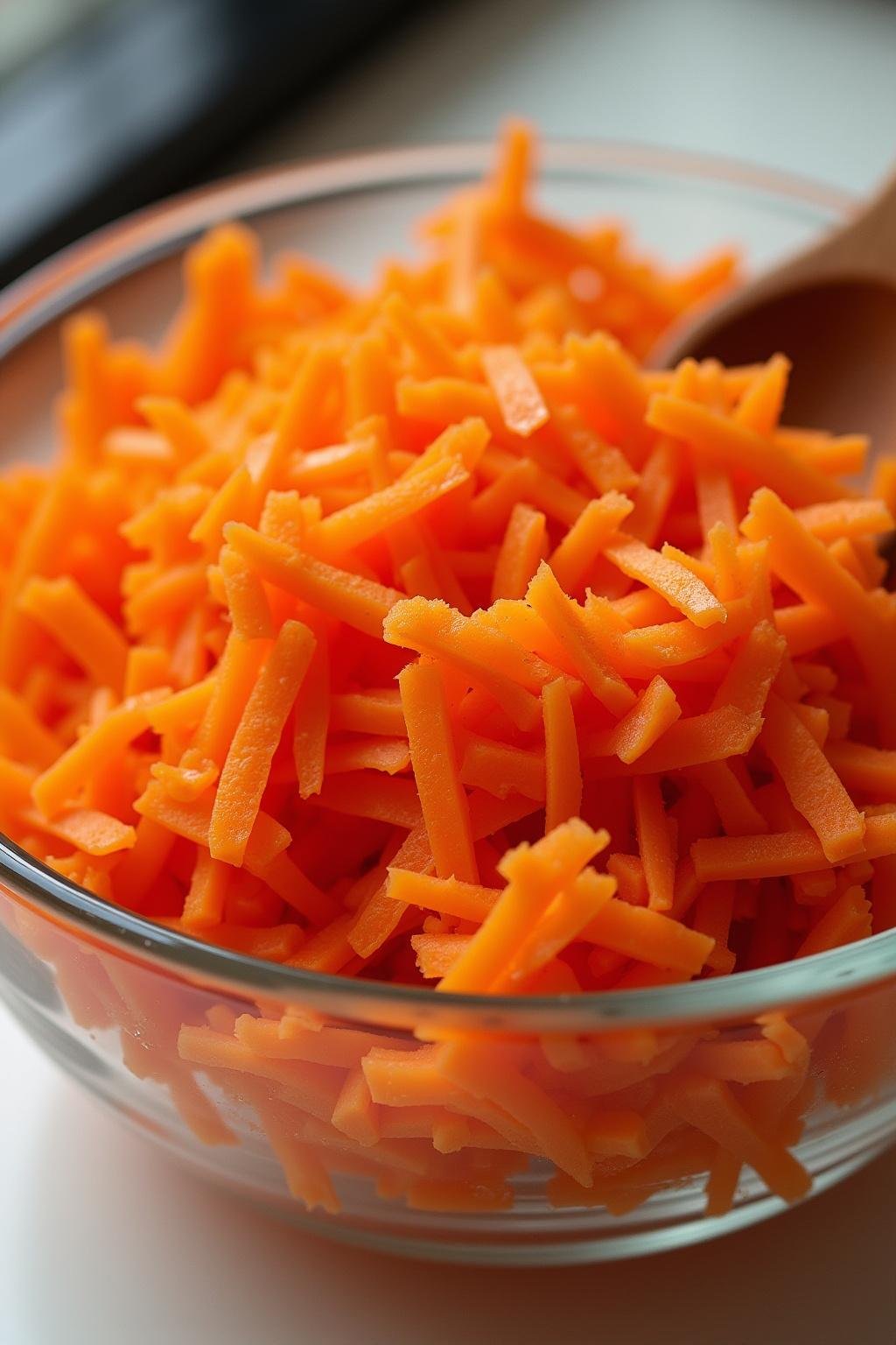 Grated raw carrots in a transparent glass bowl with a wooden spoon, highlighting the texture of the healthy salad