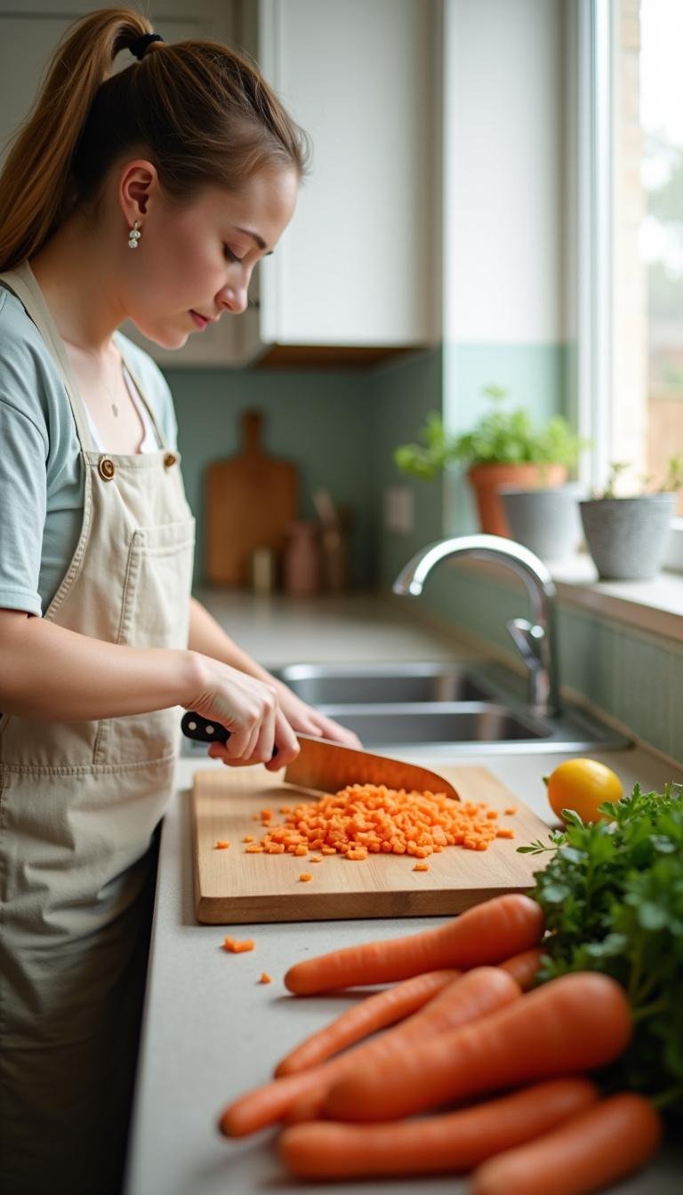 Chef chopping raw carrots in a clean kitchen, illustrating preparation of a healthy hormone-friendly salad