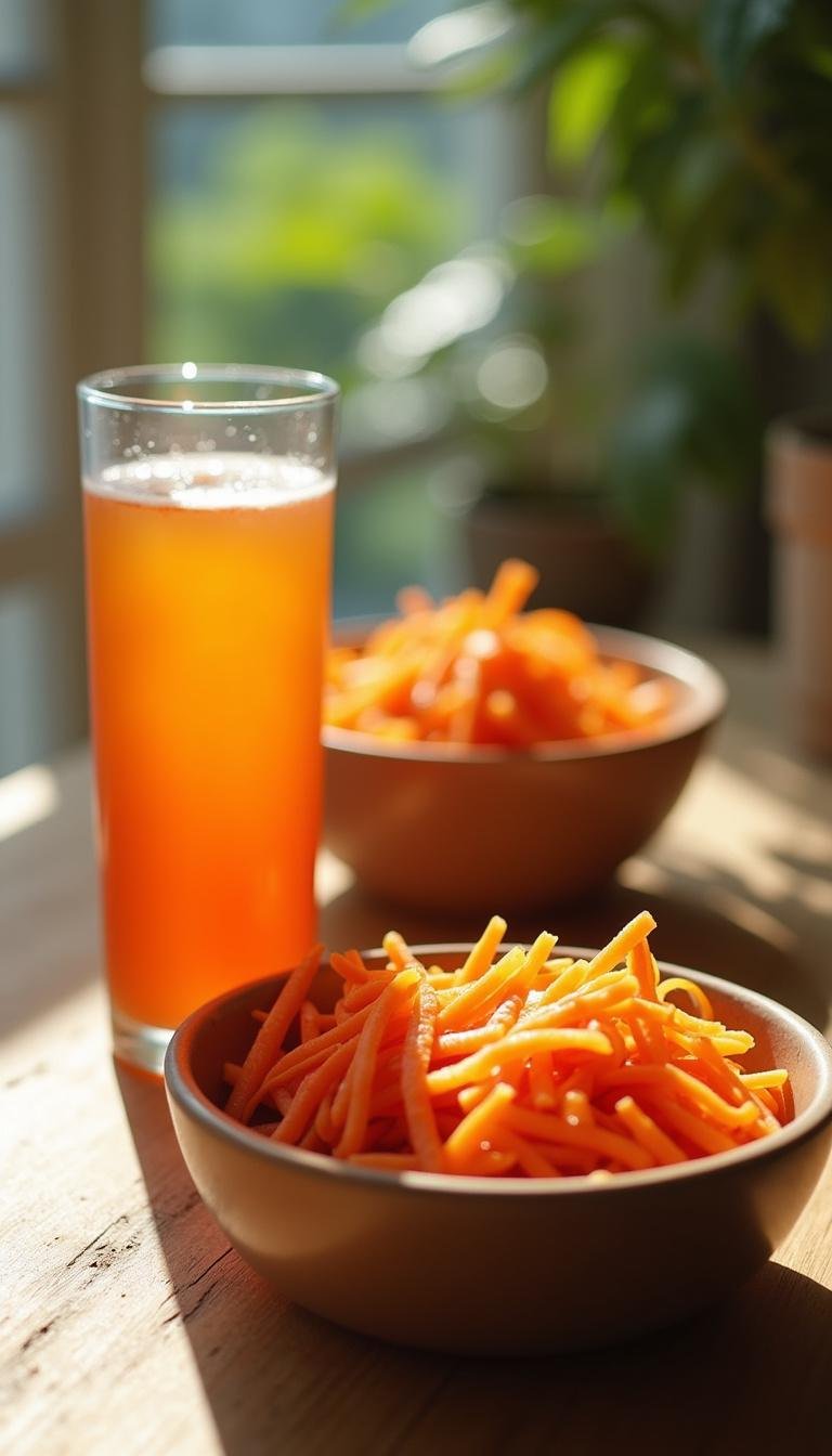 Glass of carrot juice and raw carrot salad on wooden table, demonstrating healthy vegetable-based options