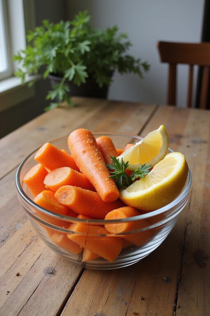 A vibrant raw carrot salad with herbs and lemon slices on a rustic kitchen table, emphasizing freshness and health benefits
