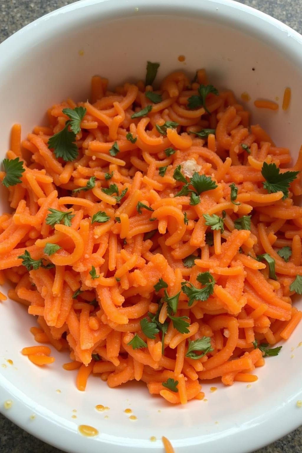 Close-up of grated raw carrots mixed with herbs and lemon juice, showcasing natural ingredients for hormone balance