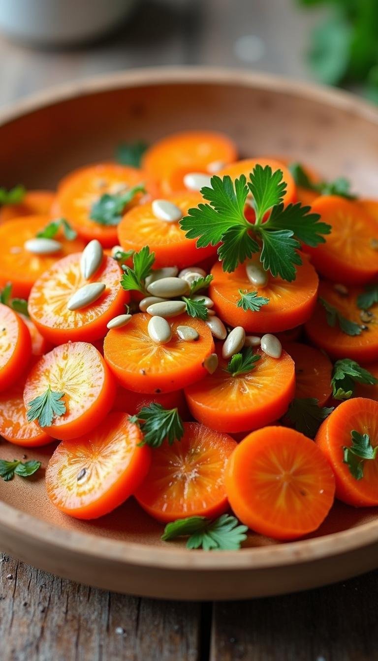 Healthy raw carrot salad with pumpkin seeds and parsley, emphasizing hormone-friendly ingredients