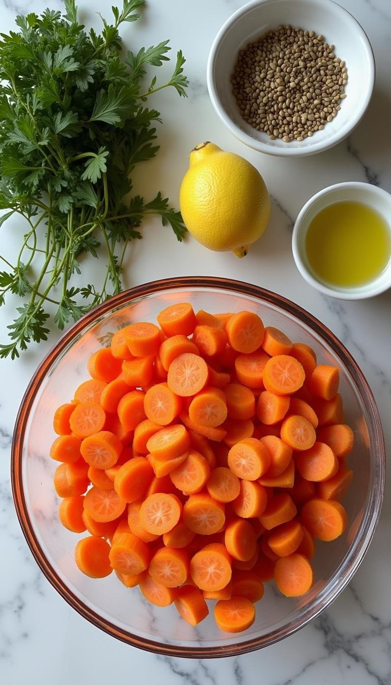 Ingredients for raw carrot salad laid out on a countertop, including carrots, herbs, lemon, and seeds, ready for preparation