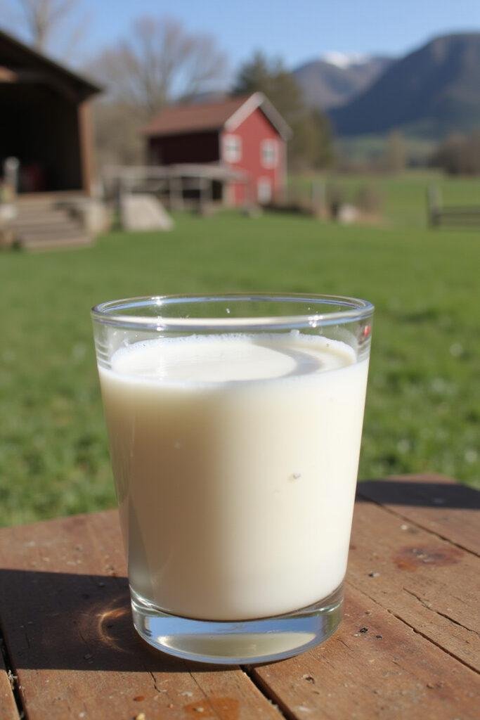 Close-up of a glass of raw milk on wooden table with farm scenery in the background