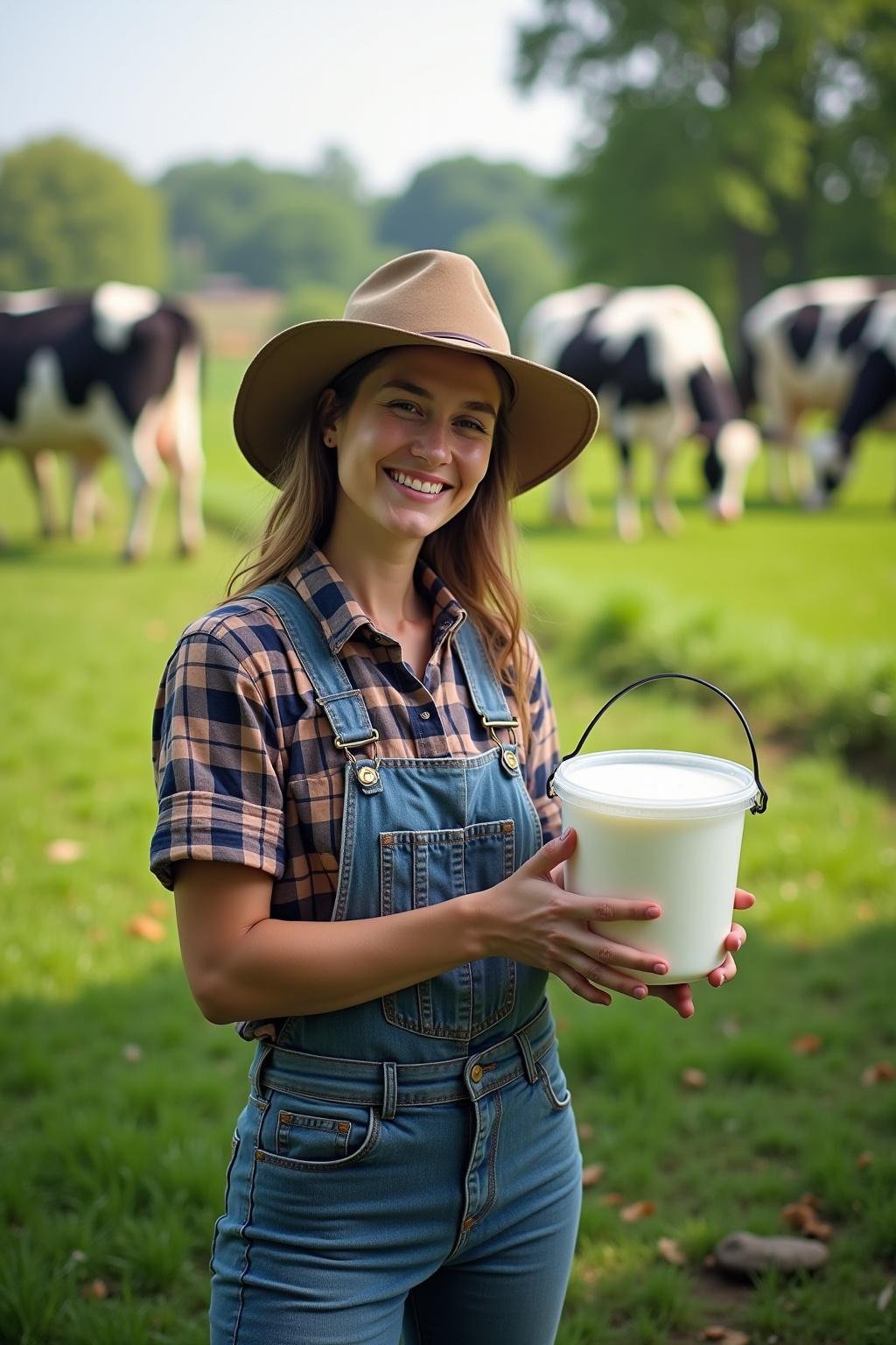 Farmer smiling while holding a bucket of raw milk on a green dairy farm