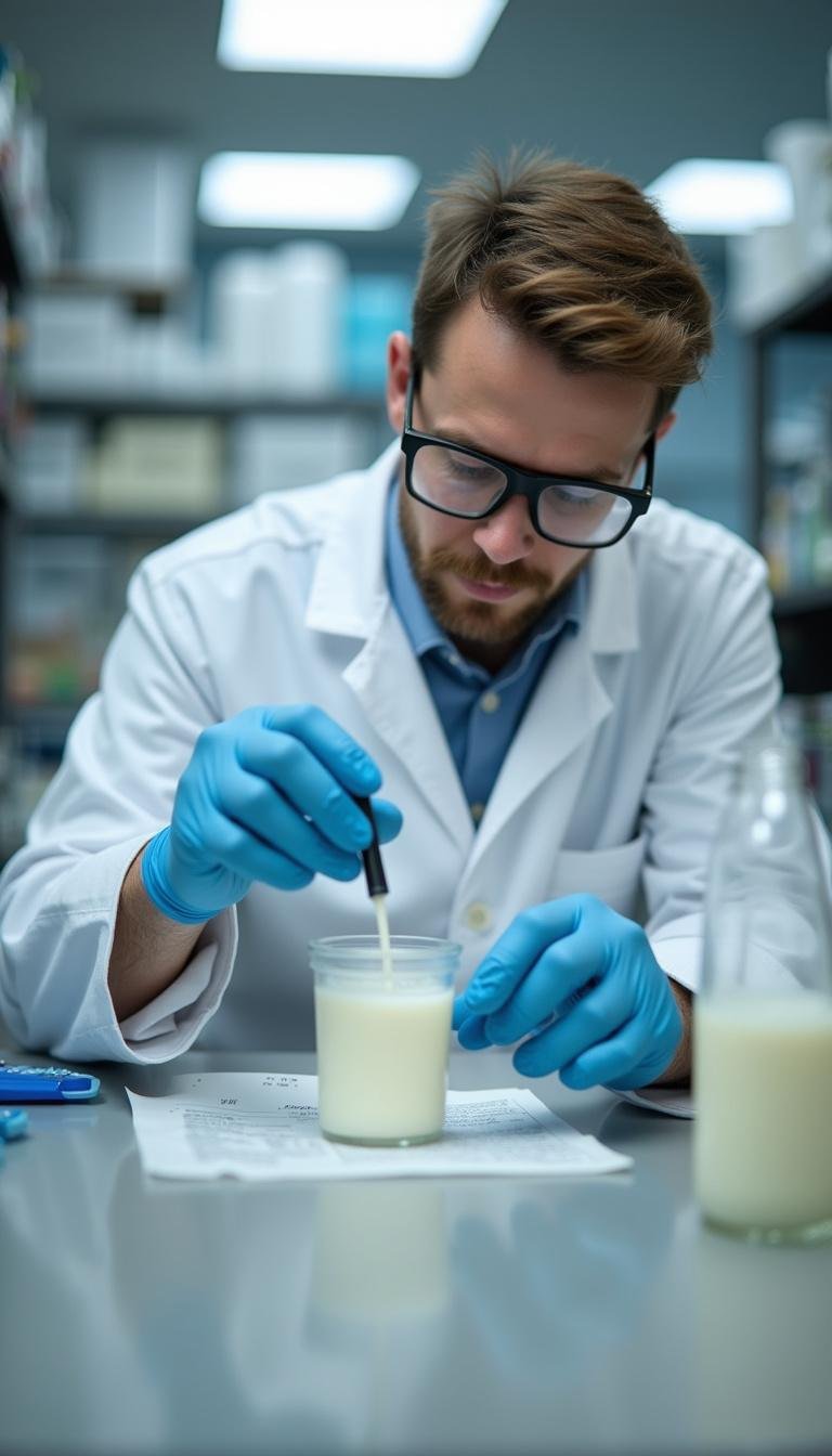 Laboratory scientist analyzing raw milk samples with scientific equipment