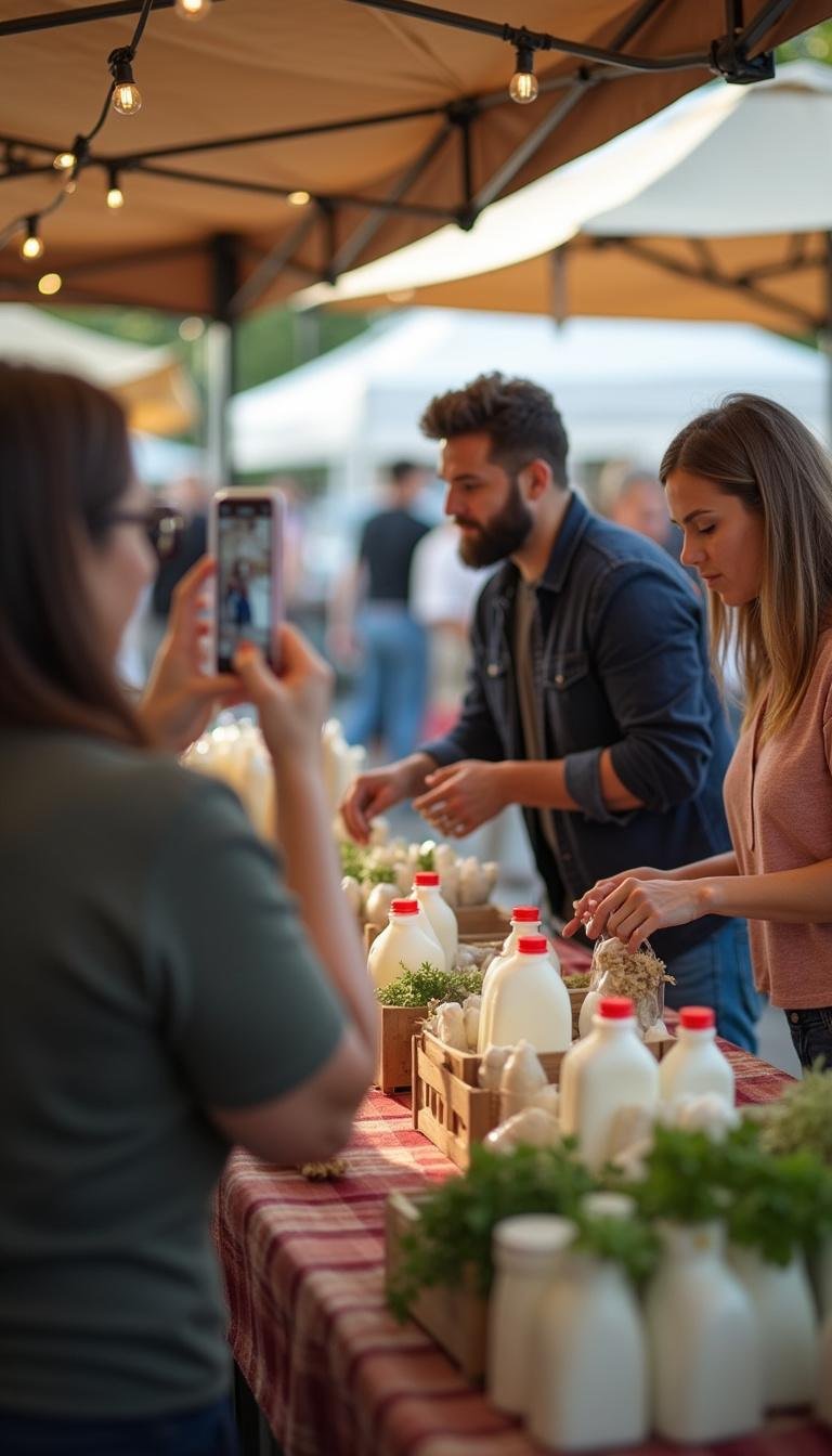 Shoppers selecting raw milk bottles at a vibrant farmers' market stall