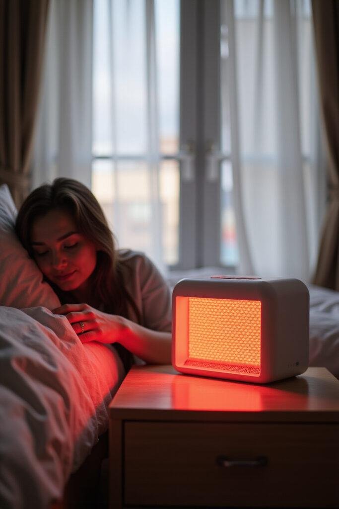 Person using a red light therapy device at home in a cozy, well-lit bedroom, showcasing effective therapy at home.