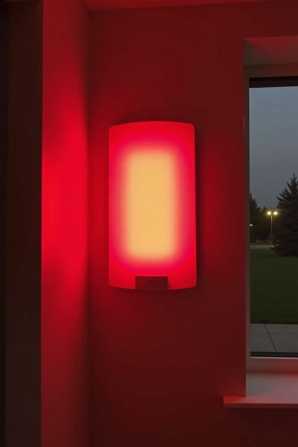 Wall-mounted red light therapy panel emitting red light in a stylish modern home room, illustrating effective home therapy equipment.