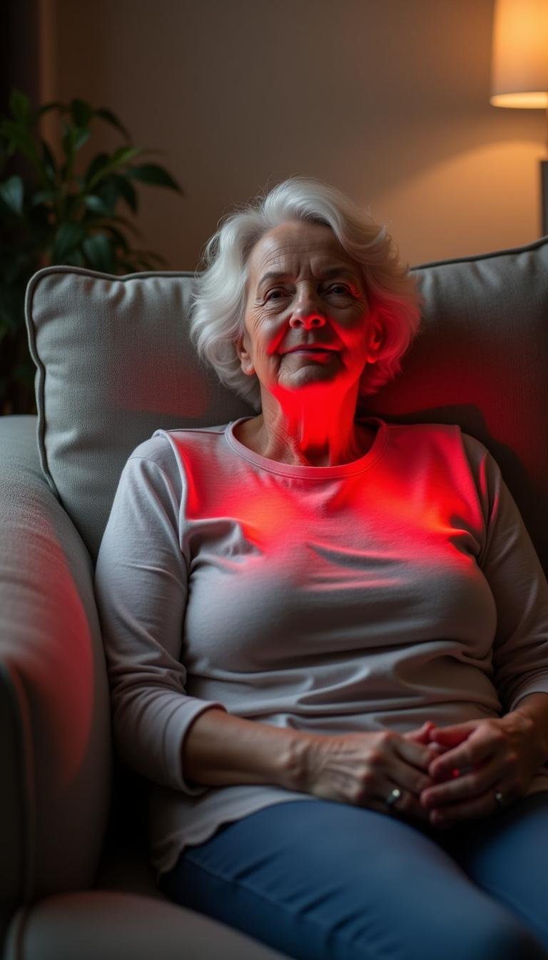 Elderly woman using a portable red light therapy device at home, relaxing and receiving therapy for wellness.