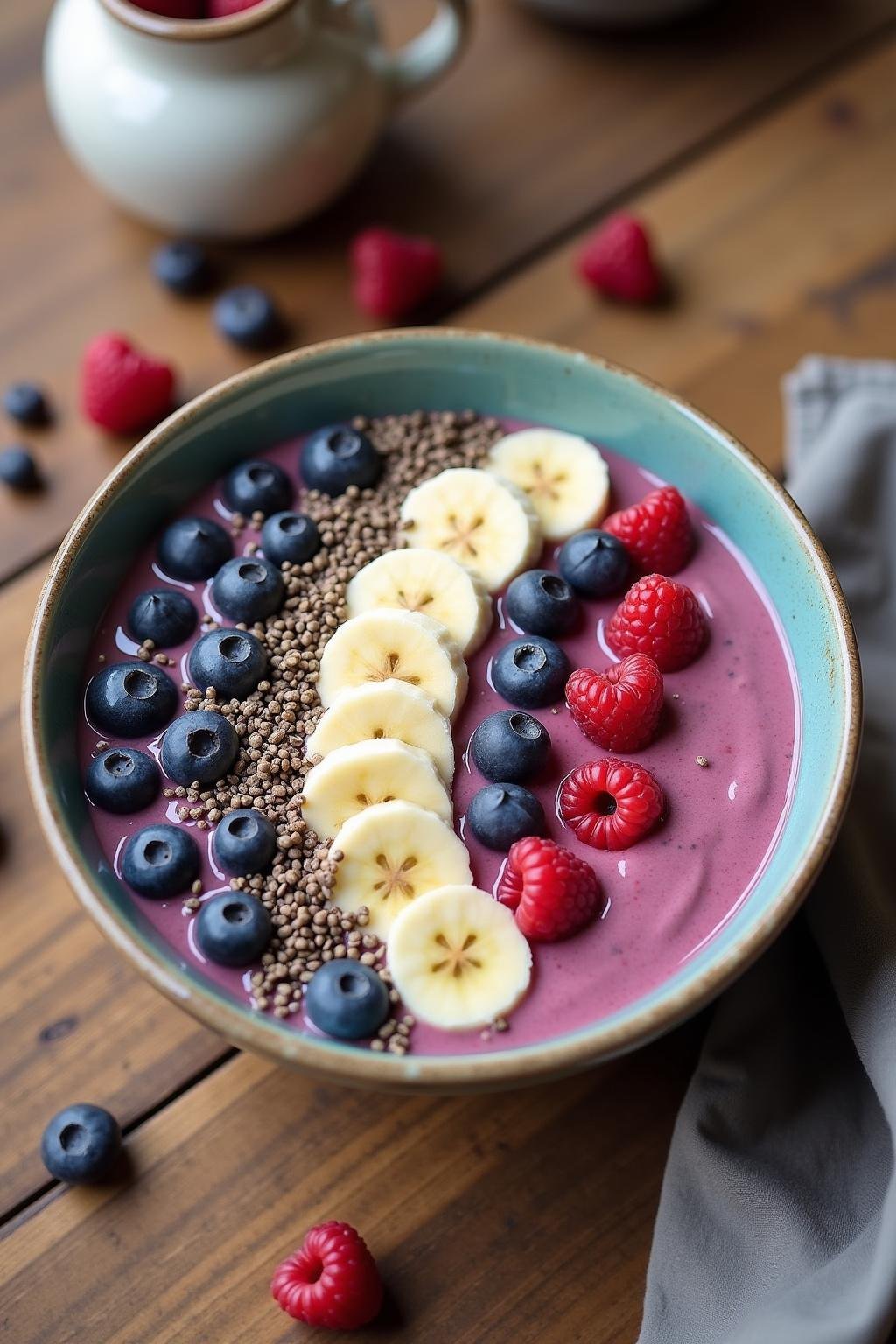 Colorful smoothie bowl with chia seeds and fresh fruits for seed cycling support