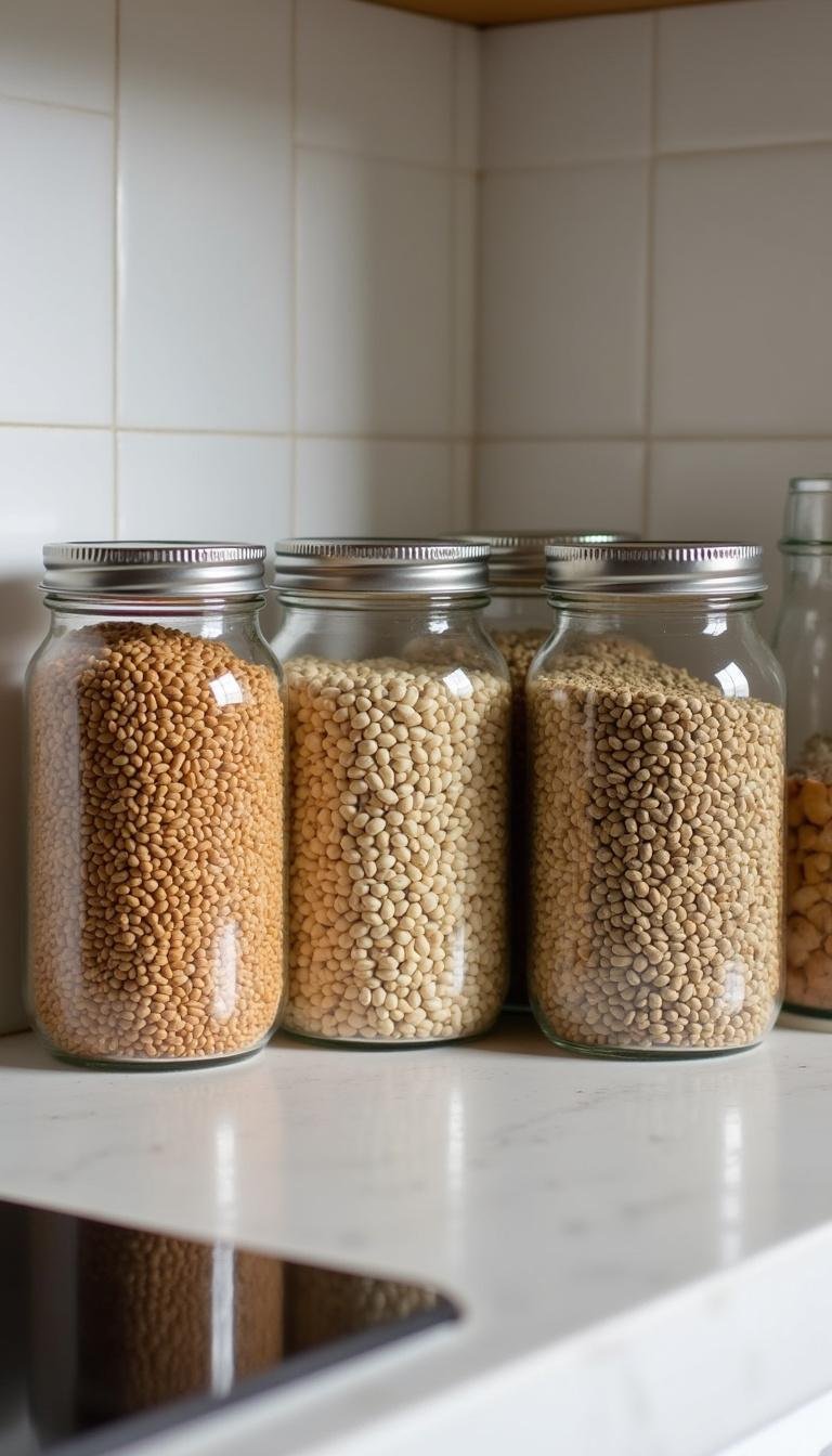 Assorted seed jars arranged on a kitchen counter for seed cycling practice