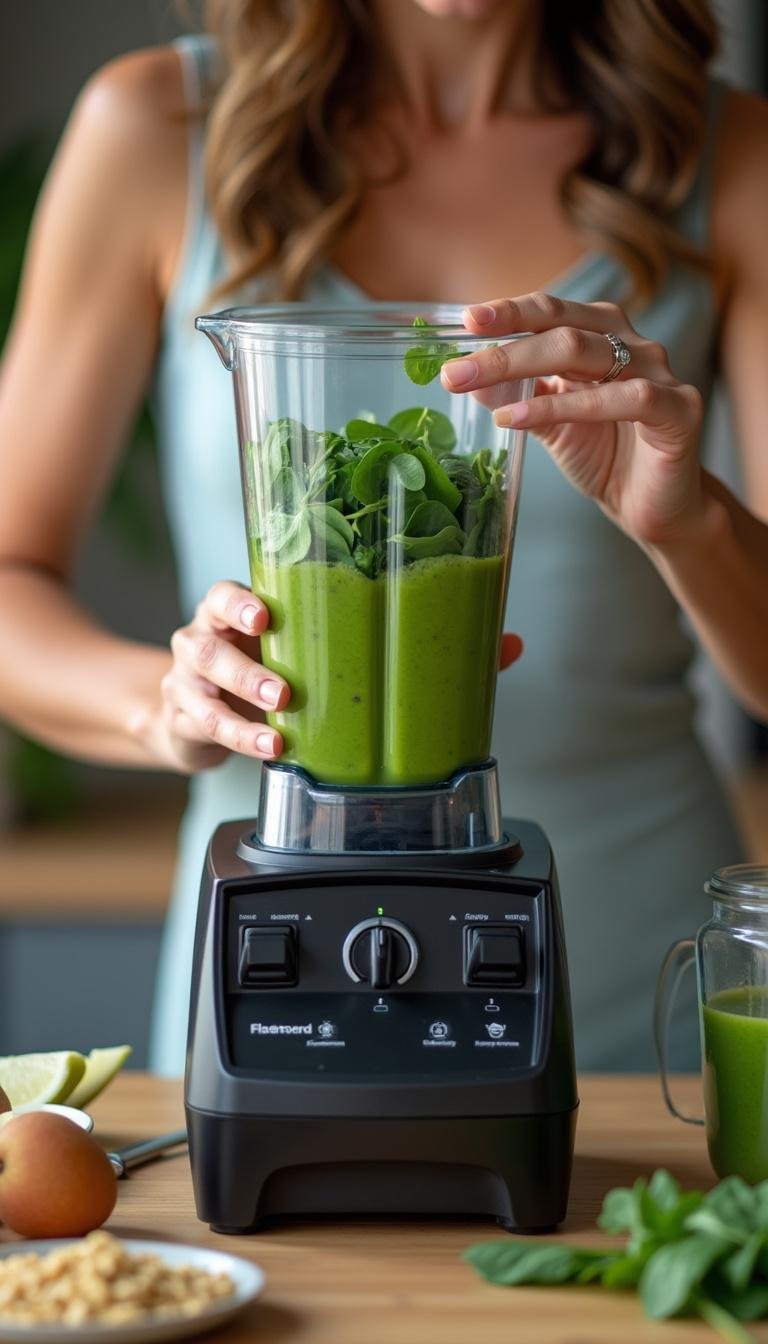 Healthy green smoothie with seeds being blended in a kitchen for seed cycling benefits