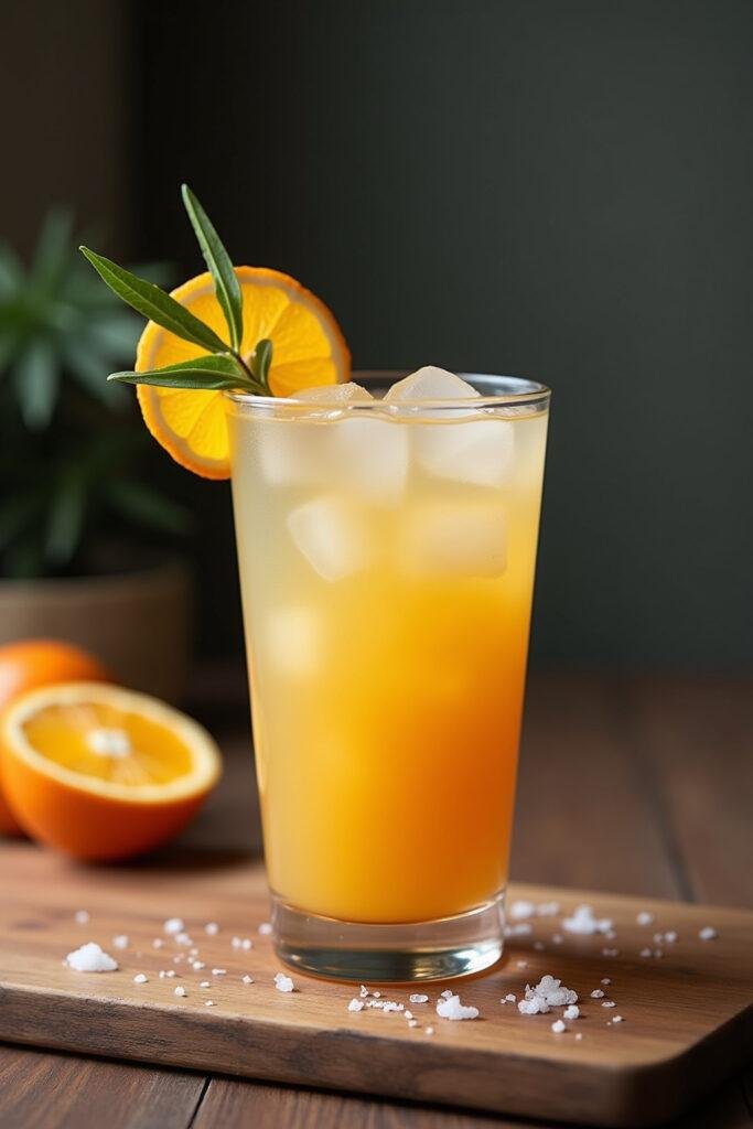 A glass filled with a vibrant orange adrenal cocktail mixed with coconut water and sea salt, placed on a wooden table