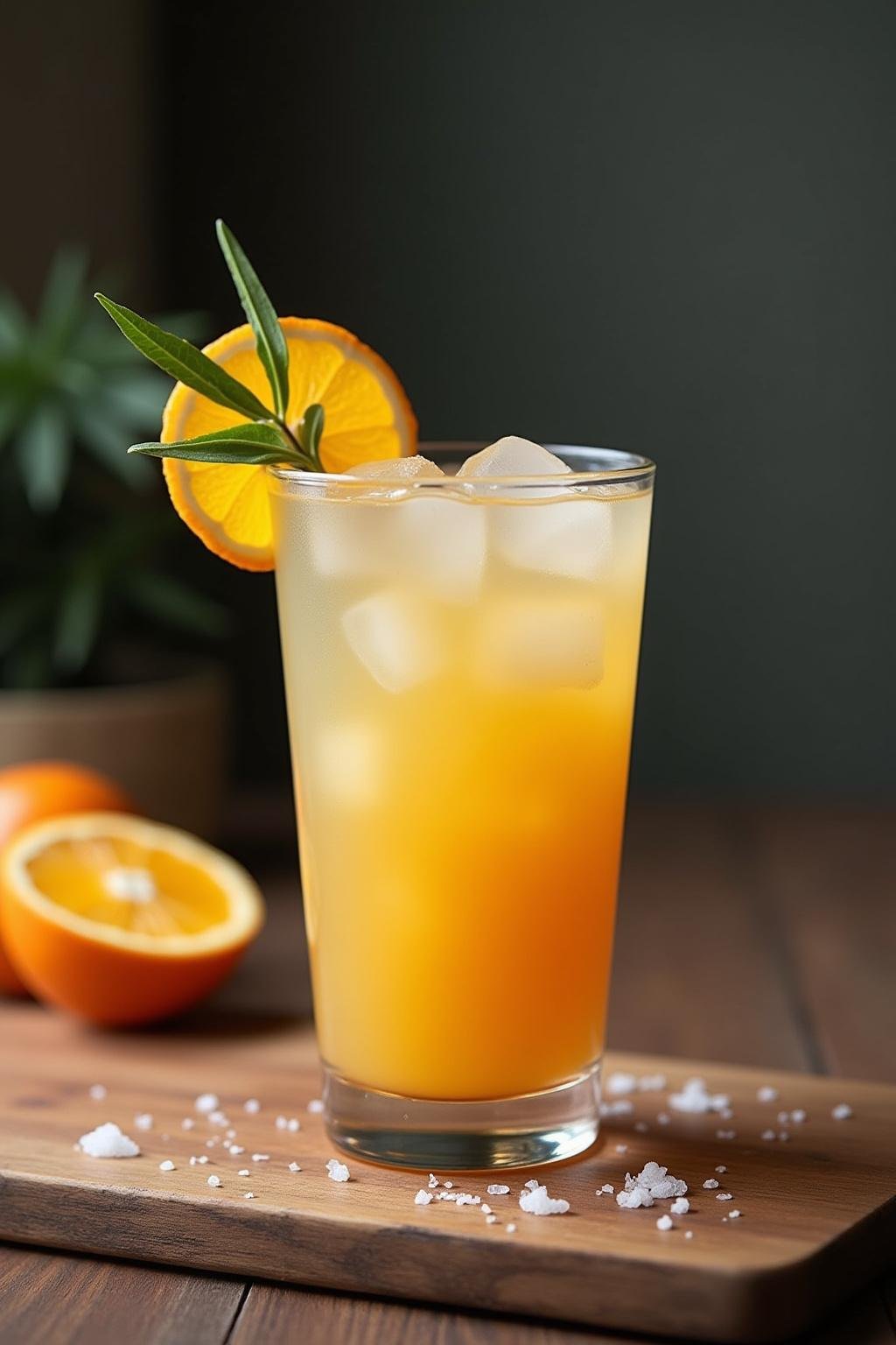 A glass filled with a vibrant orange adrenal cocktail mixed with coconut water and sea salt, placed on a wooden table