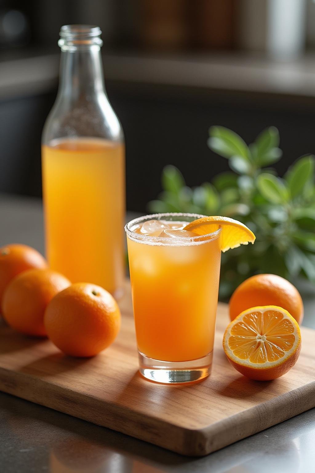 Fresh oranges and ingredients like coconut water and sea salt arranged near a glass of adrenal cocktail