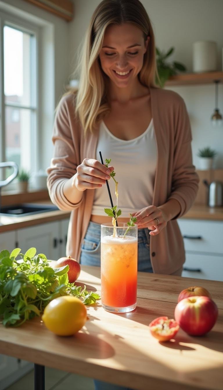 Woman blending or pouring adrenal cocktail ingredients in a modern kitchen setting