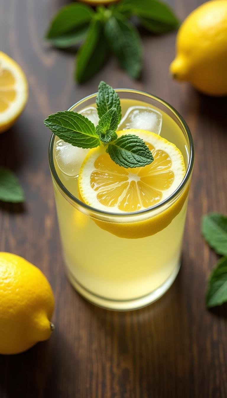 Overhead view of a prepared adrenal cocktail garnished with lemon slices and mint, highlighting its freshness