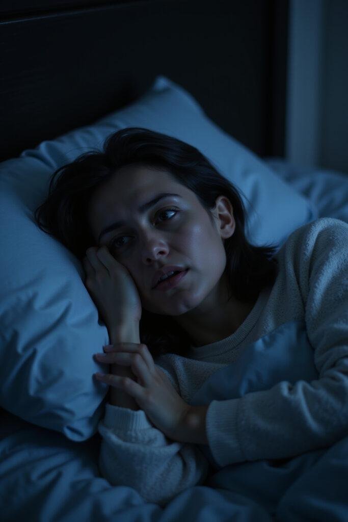 Individual experiencing insomnia and poor sleep, feeling anxious and restless in bed at night.