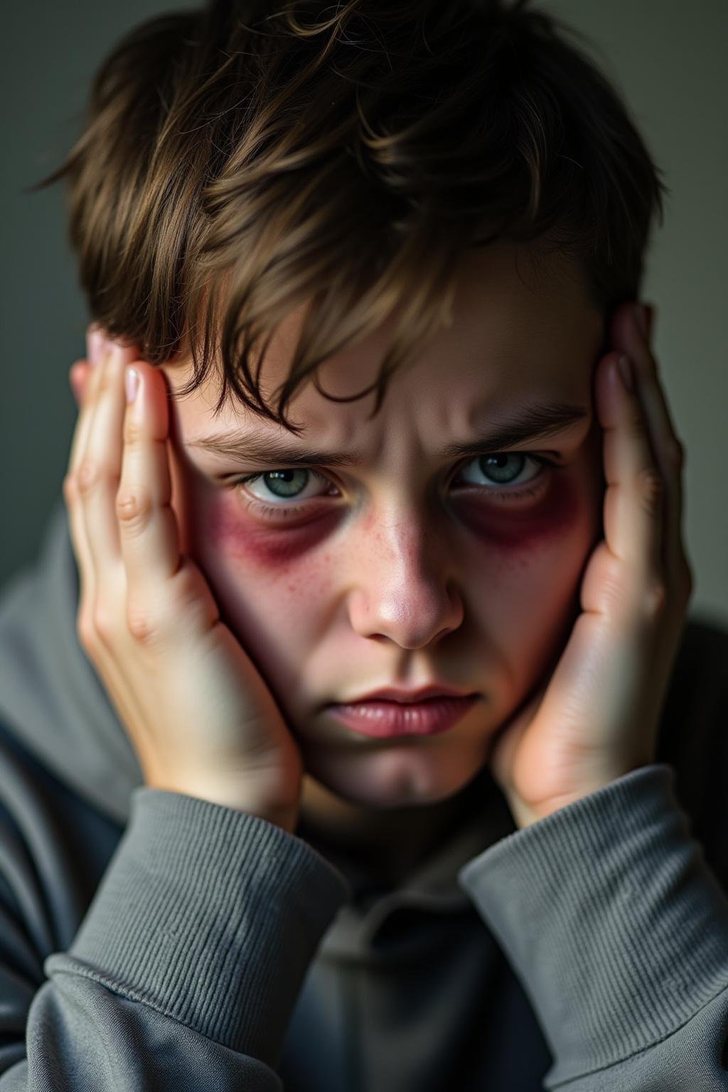 Person showing signs of fatigue and moodiness due to lack of sleep, with visible dark circles and tired eyes.
