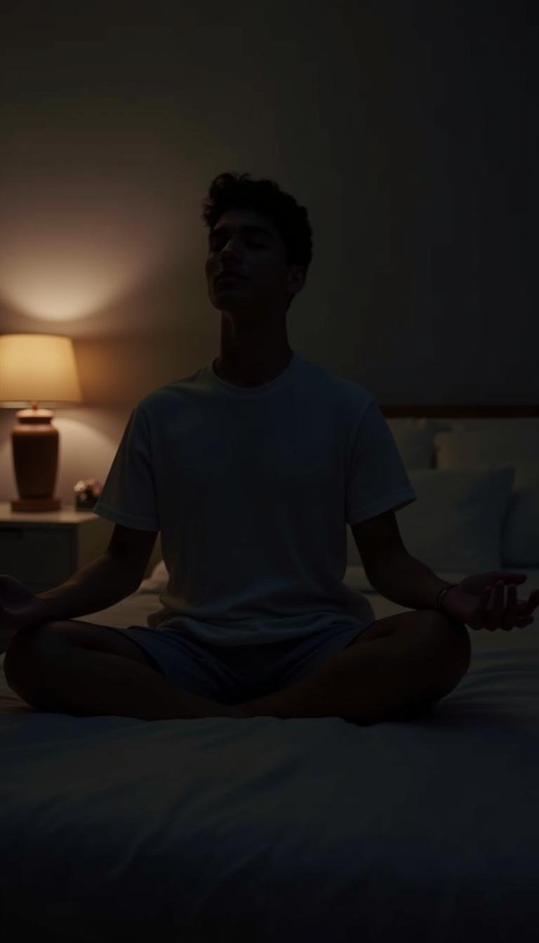 Individual practicing relaxation techniques like meditation to improve sleep and mental health.