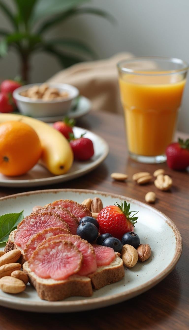 Balanced breakfast scene emphasizing healthy eating habits to support good sleep and mental health.