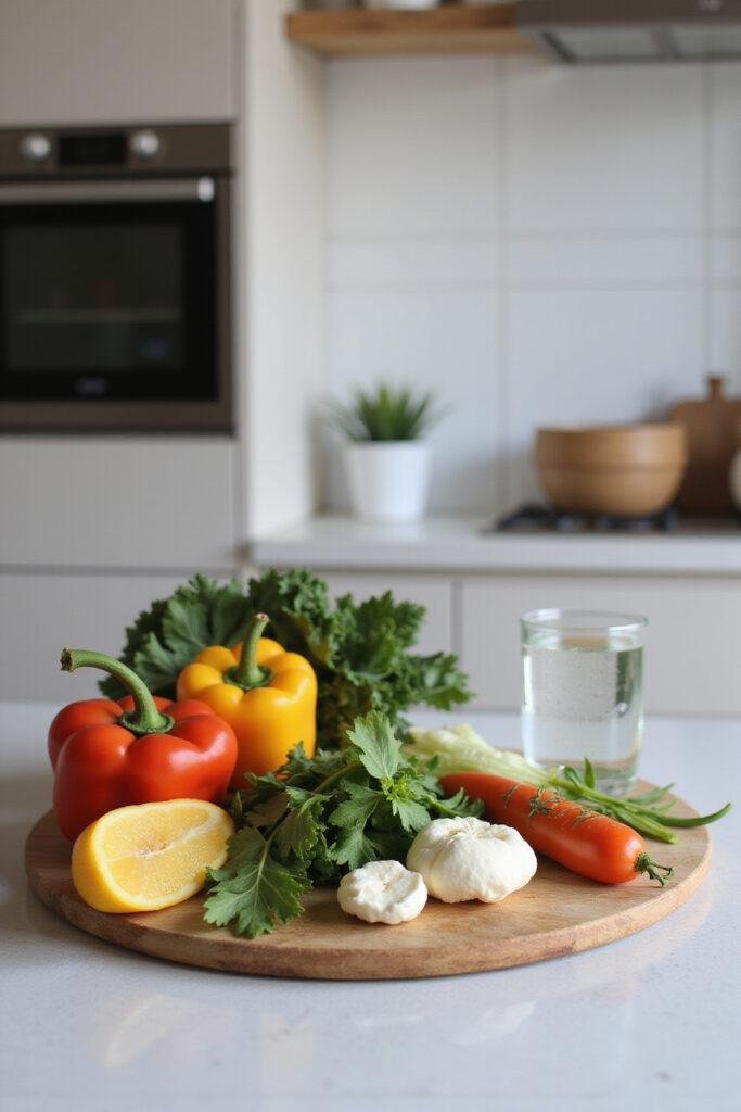Healthy foods on a kitchen counter representing the adrenal reset diet plan