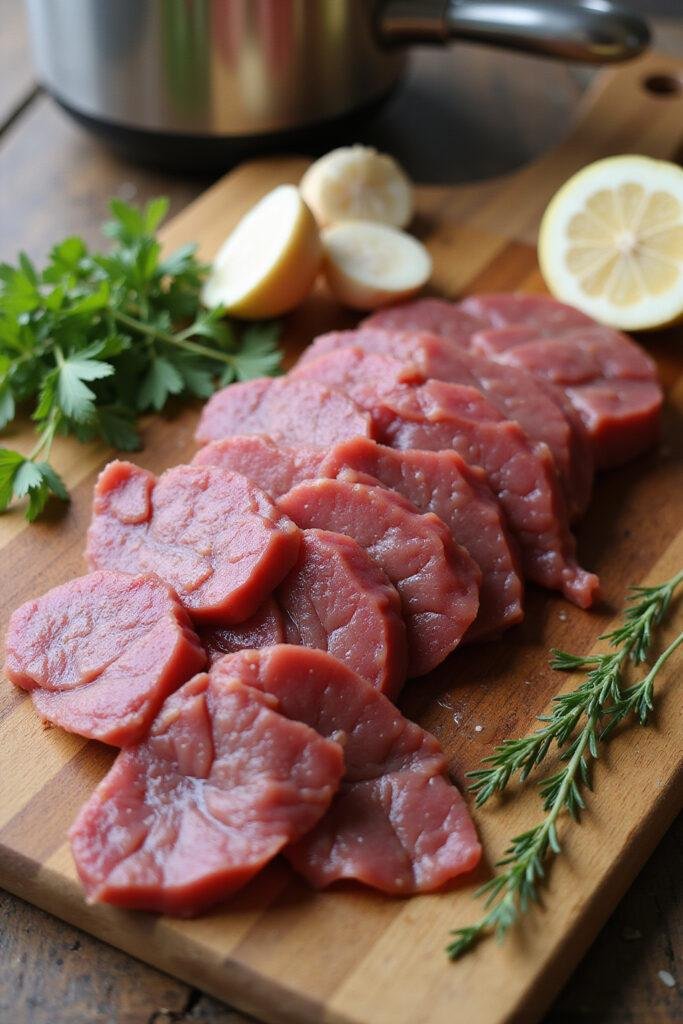 Fresh beef liver slices on a wooden cutting board with herbs and garlic for healthy diet