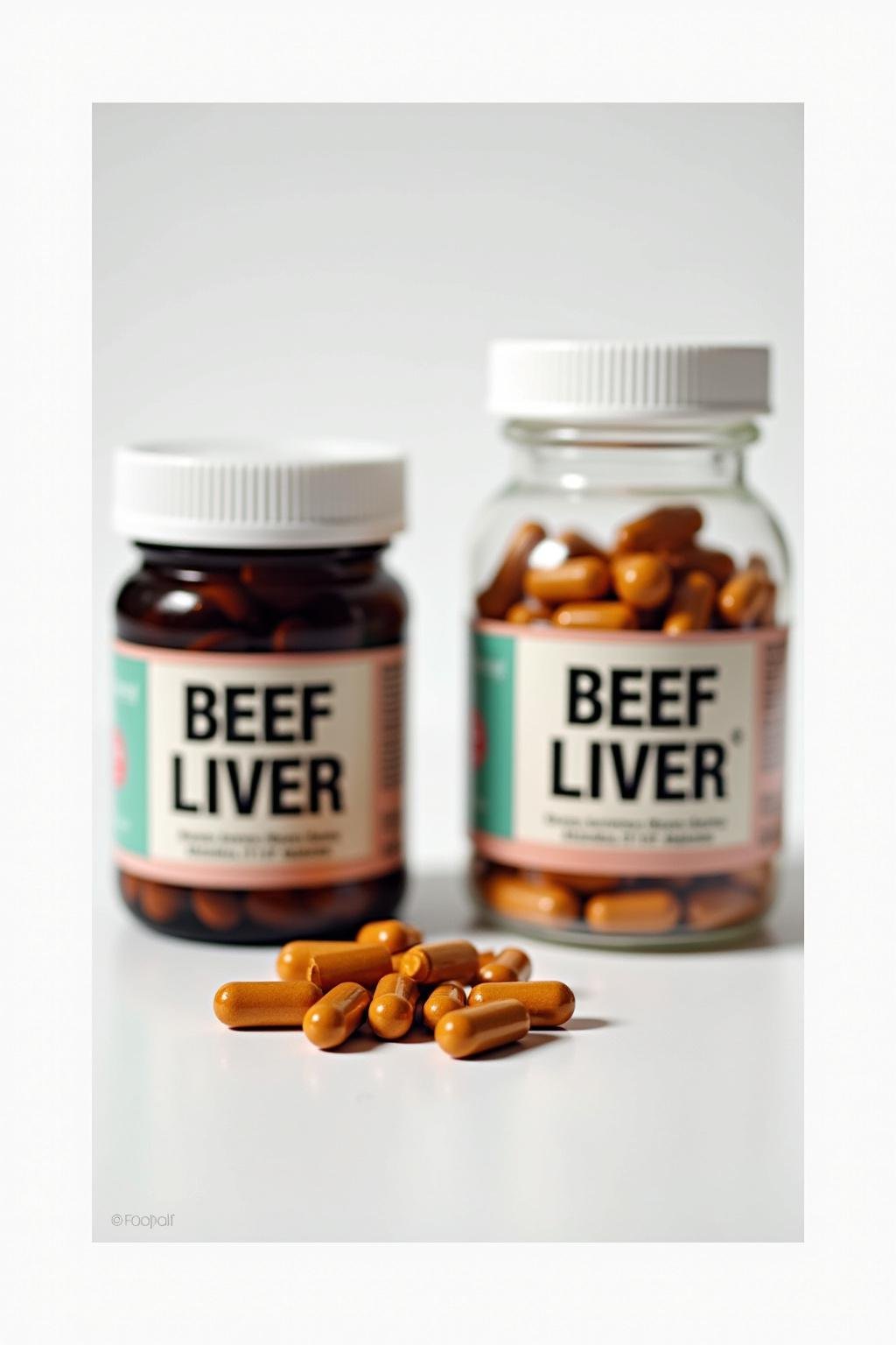 Beef liver supplement capsules next to a jar of vitamins on a white background