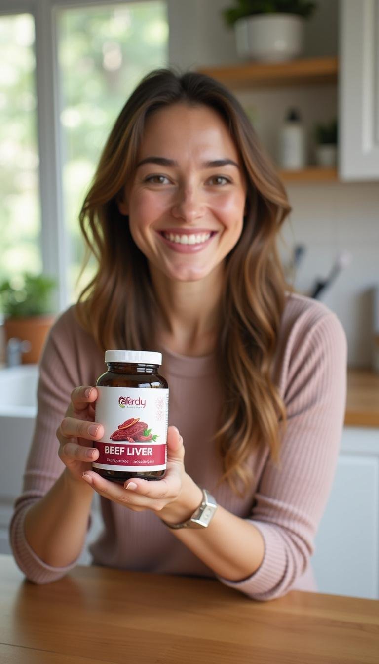 Healthy individual confidently holding beef liver supplements in a modern kitchen