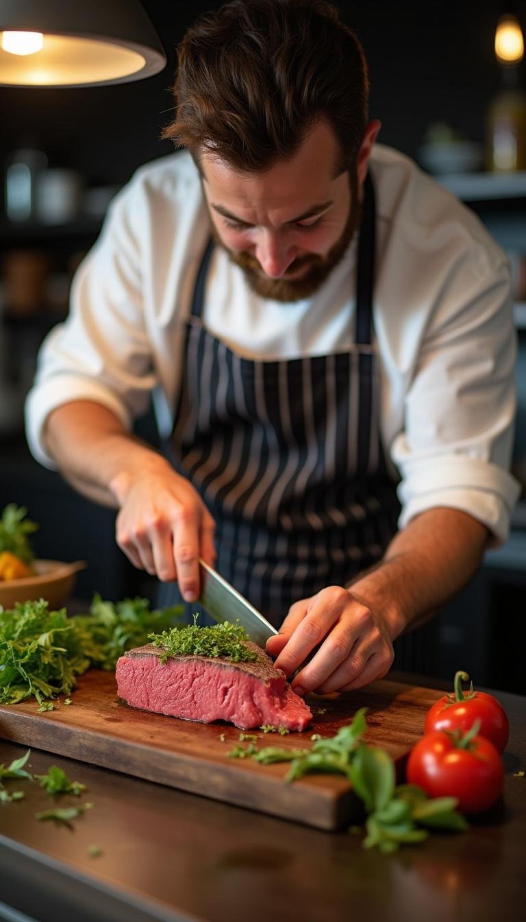 Chef cooking a healthy beef liver dish in a bright kitchen setting