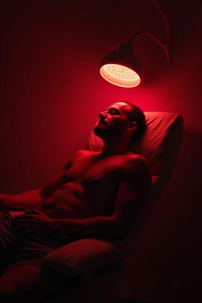 Individual enjoying red light therapy session in a dimly lit room for skin rejuvenation
