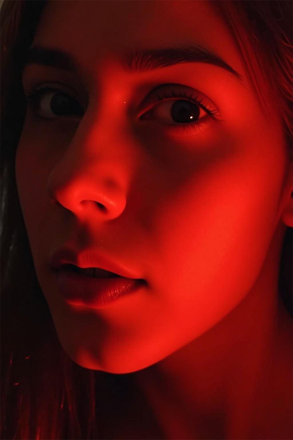 Facial skin illuminated by red light from therapy device for skin treatment