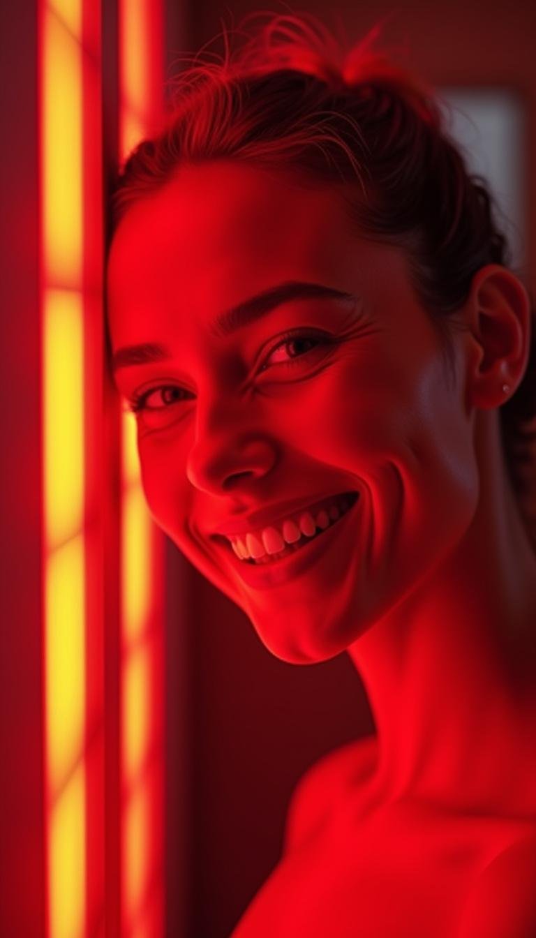 Happy woman with radiant skin showing benefits of red light therapy