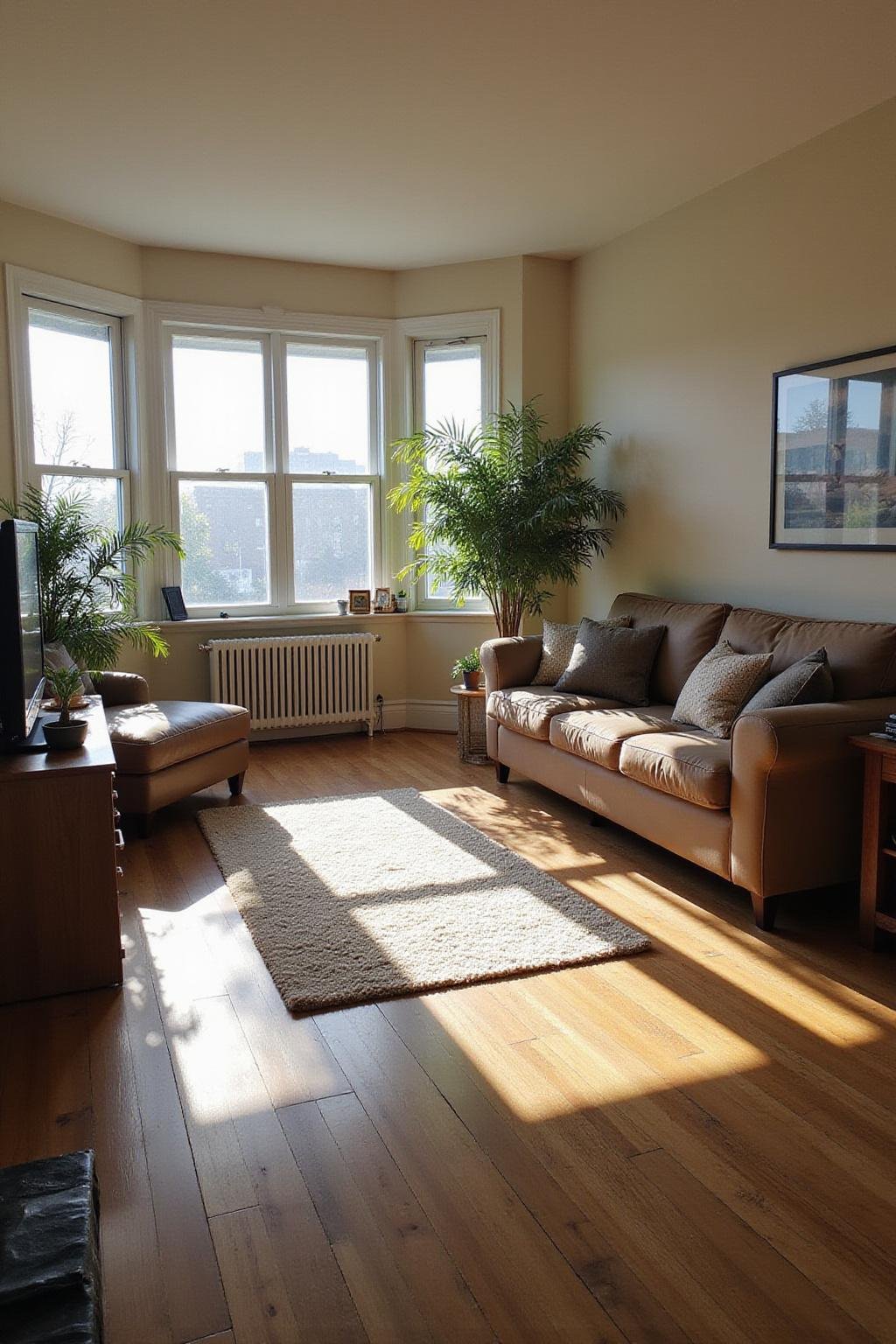 A clean and clutter-free living room with organized furniture and bright natural light