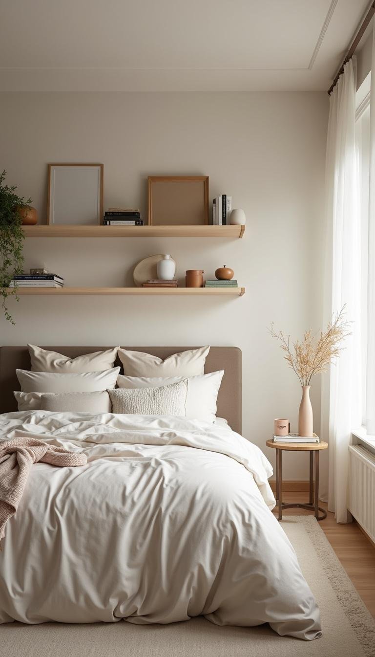 A calming bedroom with organized shelves and simple decor to enhance mental well-being