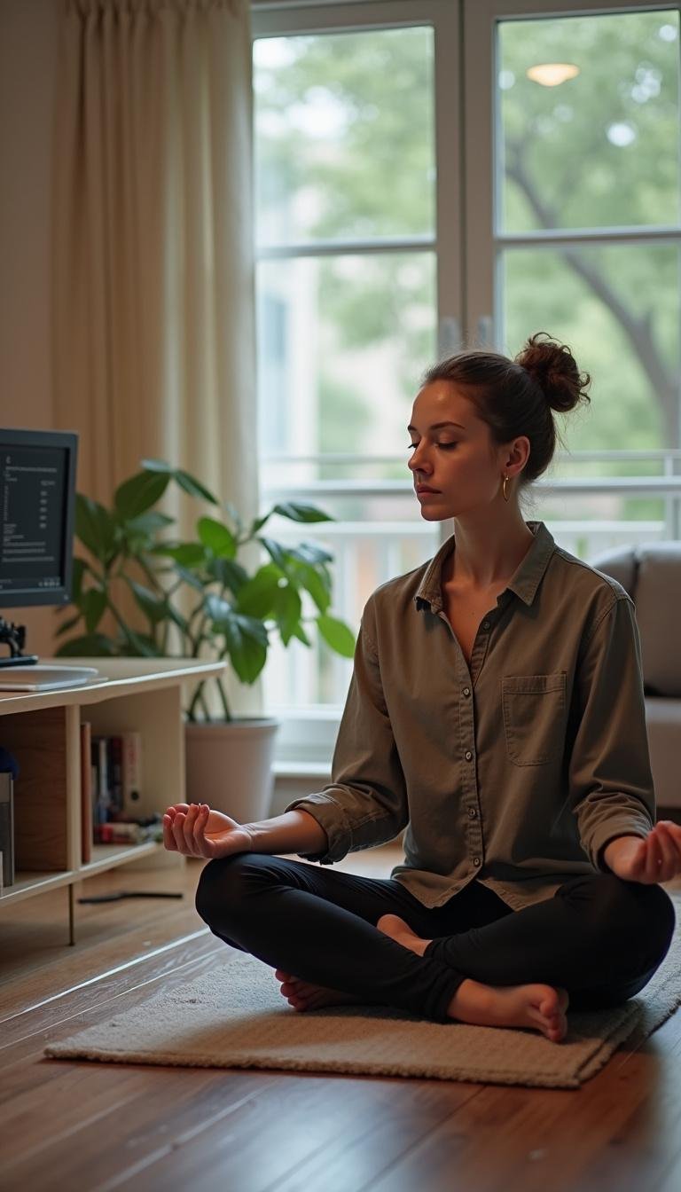 A person meditating in a tidy workspace, representing mental clarity and stress relief