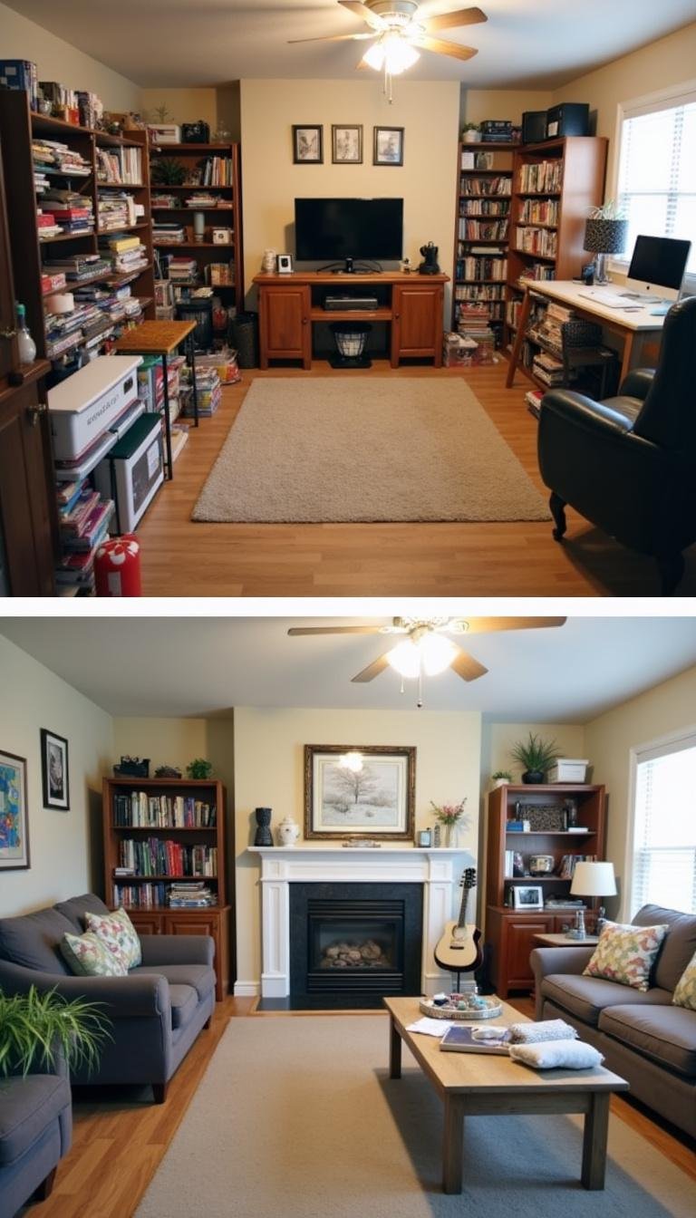 Comparison of a messy room and a clean, organized space showing decluttering benefits