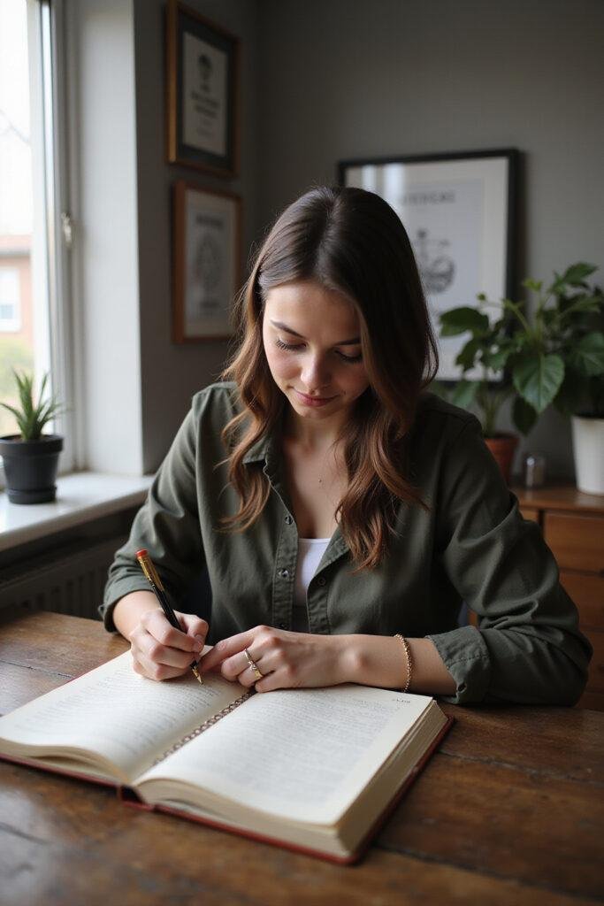 Person journaling at a desk to relieve anxiety and gain emotional clarity in a peaceful setting.
