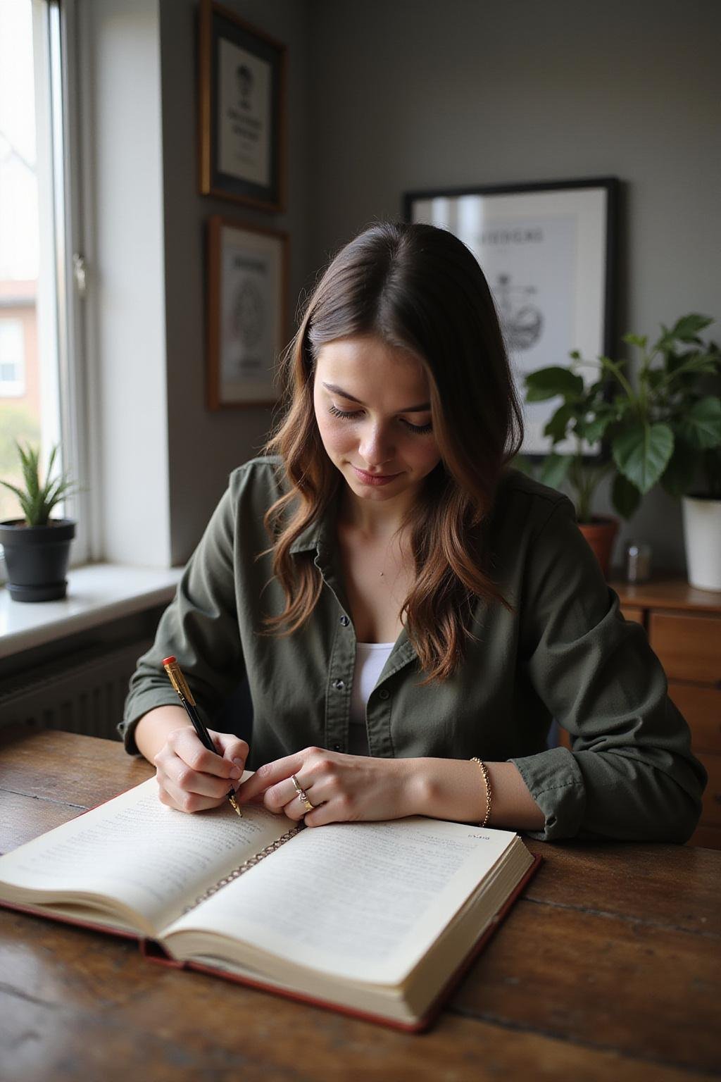 Person journaling at a desk to relieve anxiety and gain emotional clarity in a peaceful setting.