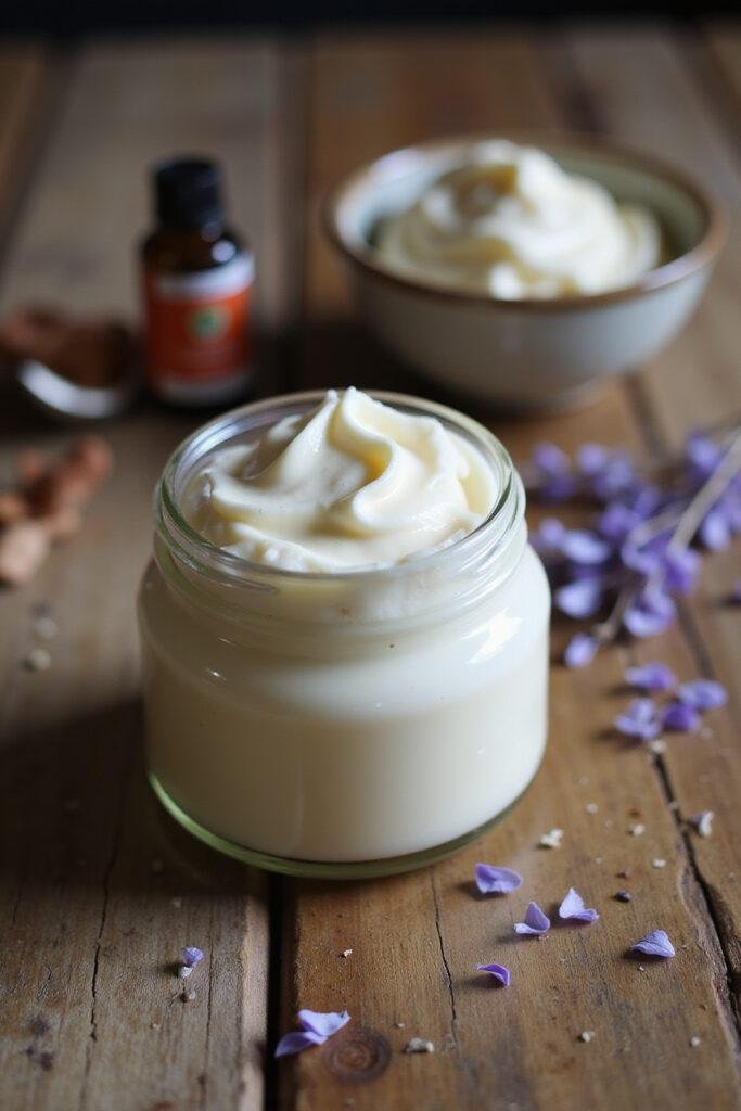 Homemade cold cream in a glass jar with essential oils and natural ingredients on wooden background