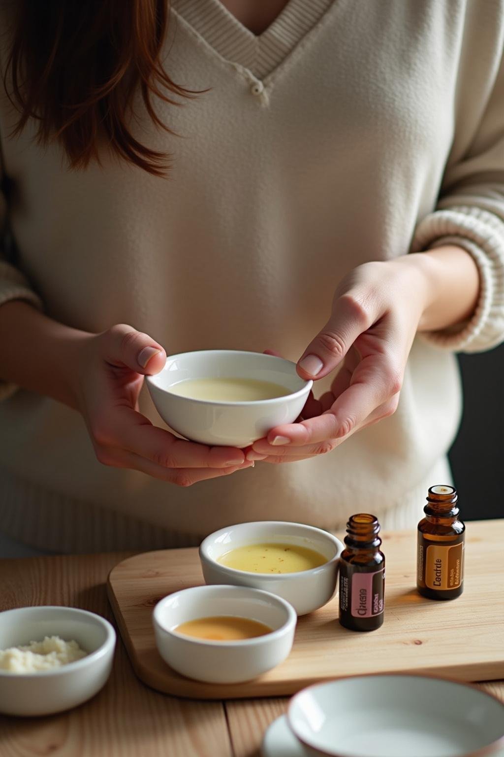 Woman preparing DIY cold cream with essential oils in a small bowl in her kitchen