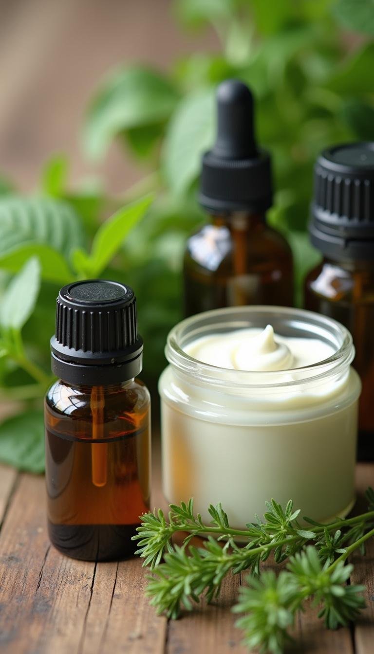 Essential oils, herbs, and homemade cold cream jar on a natural background