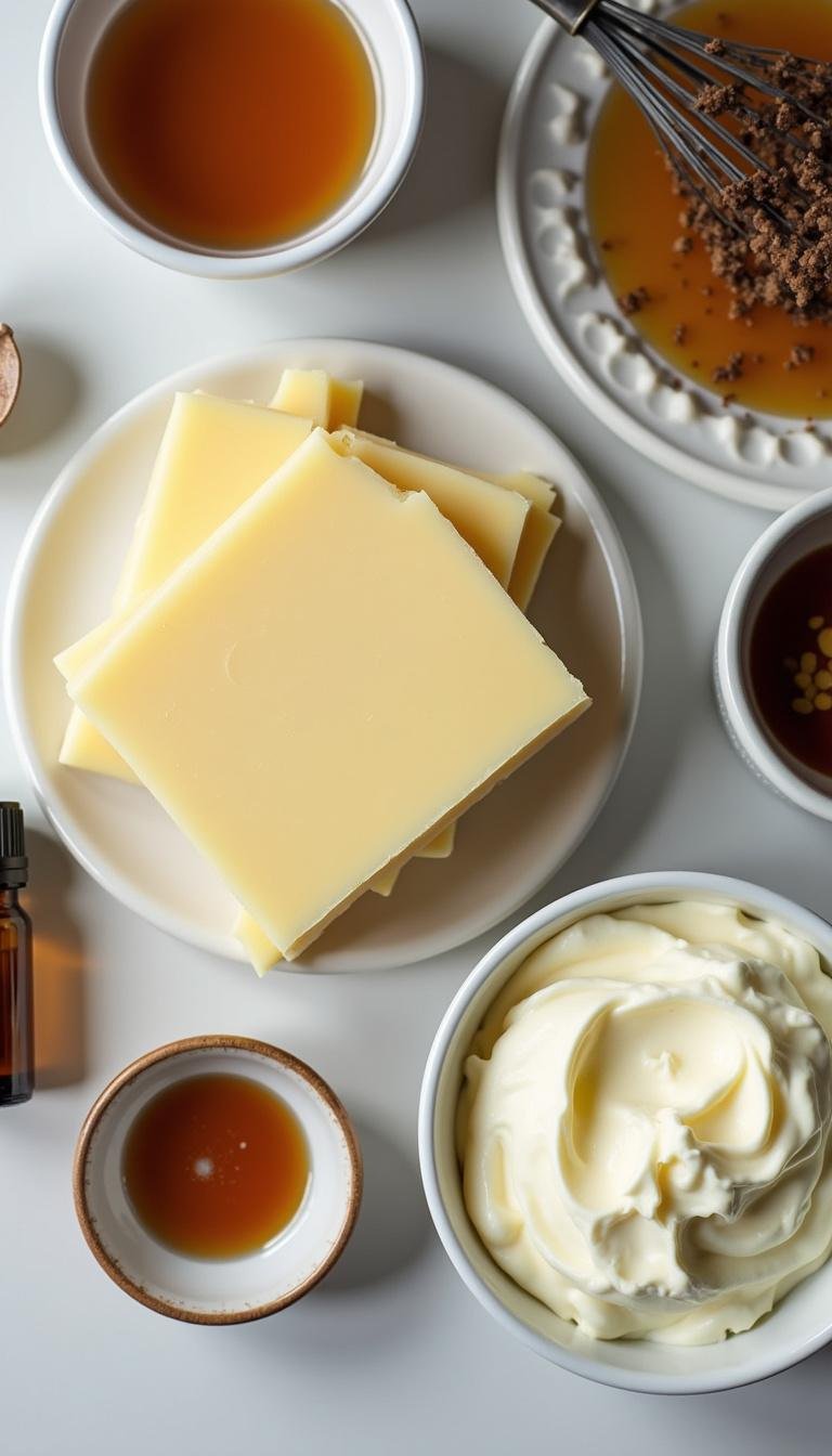Ingredients for homemade cold cream, including shea butter and essential oils, arranged on a table