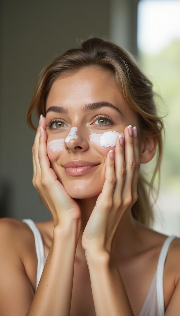 Woman applying homemade cold cream to her face in a well-lit natural environment